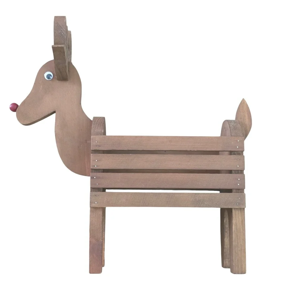 Vintage Rustic Wood Reindeer Planter, Christmas Holiday Rudolph Storage Box 16